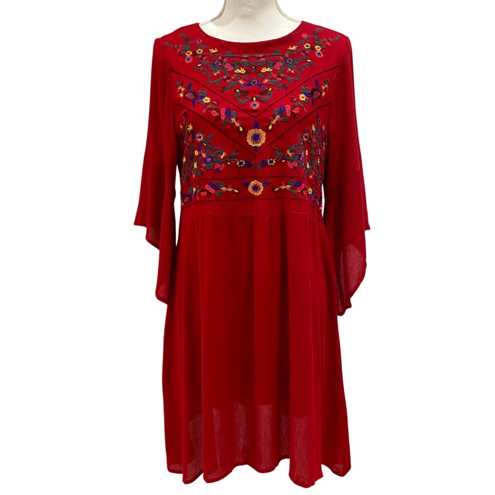 Red Bohemian Floral Embroidered Dress | Asymmetrical Draped Sleeves (Large)
